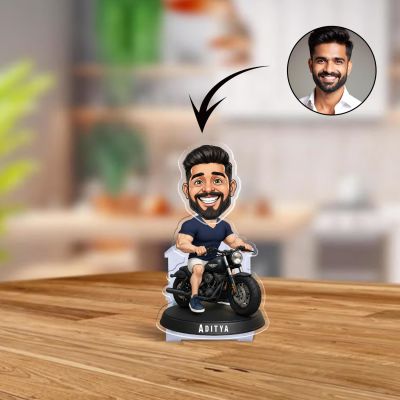 Personalized Bobblehead Caricature on Motorcycle with Custom Name Stand, Cartoon Character Figurine Desk Decor Battery Powered Moving Head Feature